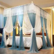 Luxury 4 Corners Post Canopy Bed Curtains - Blue & White Cozy Drape Netting -...