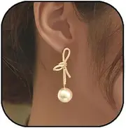 [DXHYBF] Bow Pearl Earrings for Women Crystal Bow Earrings 14K Gold Bowknot Dangle Drop Earring Dainty Statement Pearl Earring Jewelry Gifts