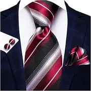 [VSOLS] Men's Blue Black Striped Tie 3.4" Tie Pocket Square Cufflinks Wedding Party Silk Tie Set (Color : SN-3339, Size : 59.06 * 3.35in)