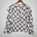 Why Dress Womens Black Plaid Ruffled Sleeve Tie Front Blouse Size L Career NWT