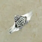 Irish Celtic Sterling Silver claddagh ring with marcasite stones SZ 6.25