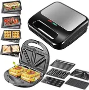 Multi-Functional Snack Maker, 750W Sandwich Toaster with 8 pcs Interchangeable Molds, Panini or Grill Maker Machine with Power Lights and ecure Lock, Double-Sided Heating and Non Stick, Waffle Maker