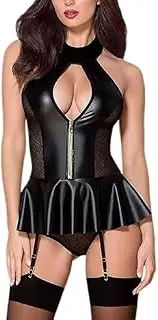 [Generic] Women PU Leather Lingerie Set Sleeveless Halter Nightwear Mini Dress Outfits with Garter Belt