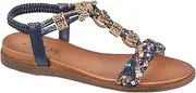 [Jo & Joe] Ladies Braided T-Strap Design Embellished Trim Elasticated Back Strap Flat Sandals, Navy, 7 UK