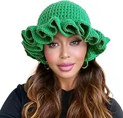 [QYPDIYI] Crochet Bucket Hat for Women Ruffled Brim Knit Foldable Floppy Beach Hat Handmade Woven Fishing Cap
