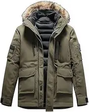 [Sumairah] Mens Parka Classic Fur Thigh Length Nylon Front Pockets Luxurious Green Removable Hood Winter Coat Warm Parka Jackets