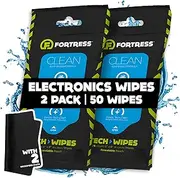 Fortress Tech Wipes With Microfiber Cloth (25 ct, Pack of 2) To-Go Electronic Wipes for Cell Phones, Keyboards, Cameras, Car Interior and More [Travel Size] Skin-Safe Phone Wipes