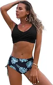 [Sipumia] Women Tummy Control Sexy Lace Up Swim Trunks Split Bikini Swimsuit Set-2149