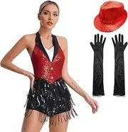 [Riismen] Women's Modern Jazz Dance Costume Sequins Fringe Ballroom Tuxedo Bodysuit with Gloves and Hat