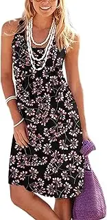 [Generic] Women Summer Spaghetti Strap Button Down Dress Loose Vintage Printed Shift Dress V Neck Sleeveless Casual Mini Dress