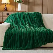 [Deamsure] Faux Fur Throw Blanket for Couch Fuzzy Plush Thick Warm Dark Green Stiped Blanket for Sofa Bedroom 800GSM (Dark Green Stiped,Throw(50"x60"))