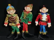 CHRISTMAS PIXIE ELF SET (3) 11" DECORATIVE DOLL GOLD BLUE & RED "TOY SOLDIER"