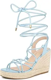 [Allegra K] Women's Platform Square Toe Lace Up Espadrilles Heels Wedge Sandals
