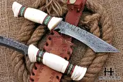 HUNTEX Custom Handmade Damascus 280 mm Full-Tang Camel Bone Hunting Tanto Knife
