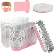50Pcs Mini Loaf Pans with Lids and Spoons Forks 200ml/6.8oz Aluminum Foil Cake Container Heat Resistant Mini Cake Pans Rectangle Cake Baking Cups Puddings Tin for Dessert Outdoor Picnic Party