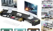 Dual Monitor Stand Riser, Desk Organizer With Drawer and 2 Pen Holders, Black