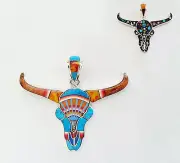 SUPERB CELESTIAL MULTICOLOR TURQUOISE SPINY INLAY .925 SILVER BUFFALO PENDANT