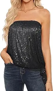 [Djeanxa] Sexy Sequin Tops for Women Strapless Tank Twist Knot Tie Sparkly Stretch Tube Top Clubwear Sparkly Party Top