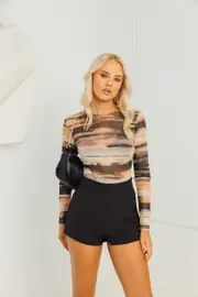 Brown Abstract Mesh Bodysuit Long Sleeve - Size XXS, Women's Bodysuit