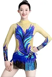 [Zagitova] Figure Skating Dress for Girls Long Sleeve Gradient Women Graceful Competition Dance Outfits Shiny Rhinestone