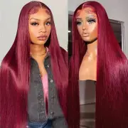 28 Inch 99j Burgundy Lace Front Wigs Human Hair 13x4 HD Lace Front Wigs Wine ...