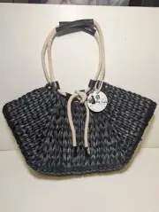 New 2010 Mud Pie Bag Lady Woven Cornhusk Tote #800430 Black Dark Blue NWT