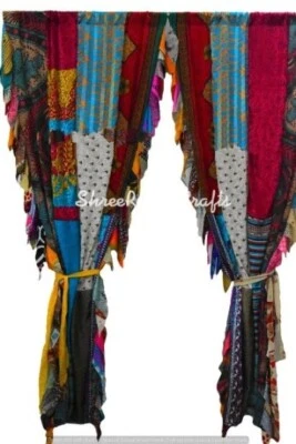 2 Pc Indian Old Recycle Silk Saree Curtain Door Drape Decor Curtain With Valance