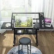 Drafting Table, Tempered Glass Craft Table Desk Adjustable Height, with Storage & Side Tray, Art Drafting Stool,Tilting Tabletop Painting Table for Artwork, Graphic Design, Reading, Writing