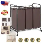 3-Section Large Capacity Laundry Sorter with Wheels - Brown Eco-Friendly Design