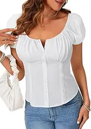 [LYANER] Women's Summer Cute Top Crewneck Puff Short Sleeve Button Front Casual Blouse Shirt