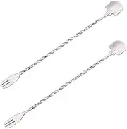 CIYODO 2pc Set Stainless Steel Swizzle Stick Fork Bar Accessories Stirrer for Coffee Iced Tea
