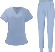 [yuksok] Women Uniforms Scrub Set Top and Pants Short Sleeve with Pockets Workwear Nursing Work suits Clothes for Cosmetology Pet Shop