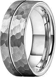 [Wozya] 8MM Men Women Hammer Ring Tungsten Wedding Band Offset Groove Finish Comfort Fit