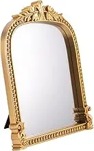 Vintage Vanity Makeup Desk Mirror, Small Gold Arch Antique Decorative Mirror with Stand, Ornate Traditional Chic Baroque for Living Room Bedroom Dresser Tabletop Desktop Decor