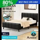 ALFORDSON Bed Frame King Single Tufted Headboard Base Black Leather HUNDOLF