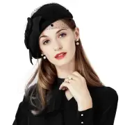 F FADVES Wool Felt Beret Veil Vintage Pillbox Hats Wedding Party Church Fasci...