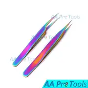 2 Pcs Multi Rainbow Color Eyelash Extension Tweezers Pro Straight + Straight