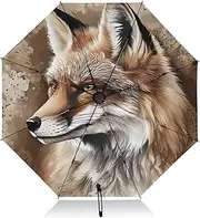 [PDZRMY] Fox Head Retro UV Protection Travel Umbrella Compact for Rain and Sun - Auto Open and Close UPF 50+ Windproof Portable 46” Sun Umbrella for Women and Men