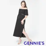 GENNIES奇妮 一字領綁帶式孕婦洋裝(黑T1J02)