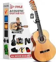 [Pyle] Beginner Acoustic Guitar Kit, 3/4 Junior Size All Wood Build Nylon String Instrument with Capo, Strap, Extra String Set, Gig Bag, Guitars for Beginners Adults Youth, 36" Natural Gloss