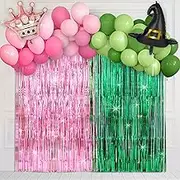 Witch Themed Party Decorations Pink and Green Streamers Backdrop Balloons Kit Princess Theme Birthday Crown Witch Hat Balloon Foil Fringe Curtains for Holiday Birthday Party Supplies Favors Decor