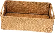Vintage Style Handmade Seaweed Storage Basket Rectangle Baskets Sturdy Handle for Home Office Garden Yellow