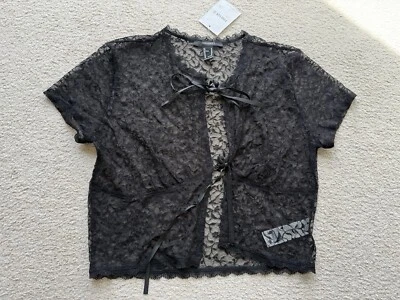 NWT Forever 21 Black Lace Knit Women Crop Cropped Top Blouse Shirt Tie Front Tee