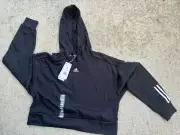 Adidas Womens Black Embroidered Logo Three Stripe Cropped Hoodie Sz Small