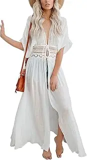 [L-Peach] Women's Lace Drawstring Waist Kimono Beach Maxi Dress Cover ups One Size