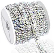 Towenm 6 Yards 3 Rows Crystal Rhinestone Chain, Rhinestone Close Chain for Jewelry Making, Sewing Rhinestone Trim for Crafts, Wedding Cake, Bouquet, Clothes, Cups, Silver Base with AB Rhinestones