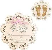 Whaline Hello World Newborn Sign Coquette Bow Baby Announcement Sign Flower Shape Newborn Birth Wooden Board Milestone Card for Birthday Baby Shower Photo Prop Keepsake