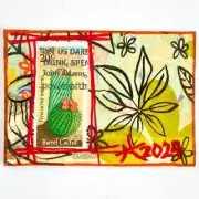 ACEO Original Mixed Media Art 1981 USA Barrel Cactus Plant Postage Stamp ATC