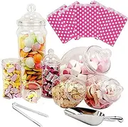 6 Jar Retro Pick & Mix Victorian Sweet Shop Candy Buffet Kit Party Pack with Tongs & Bags - Pink Polka
