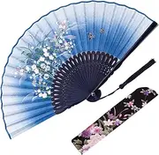 JOHOUSE Linen Folding Fans, 8.3 Inch Blue Hand Fans for Women Foldable Handheld Portable Chinese Style Crafts for Dancing, Photography Props, Home Decor